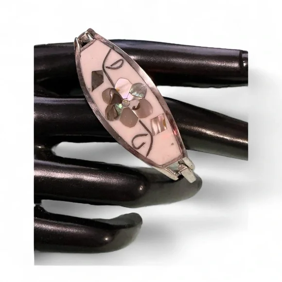 Alpaca Inlaid Abalone Silver Floral Bracelet - Picture 3 of 4